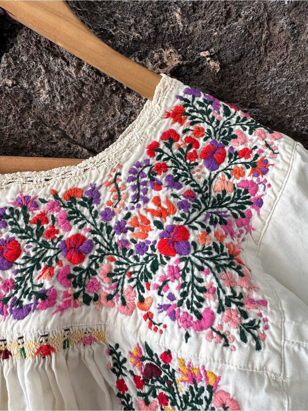 Vintage 60s 70s Cotton Oaxacan Maxi Dress w/ Colorful Floral Hand-Embroidery Med - Picture 8 of 16
